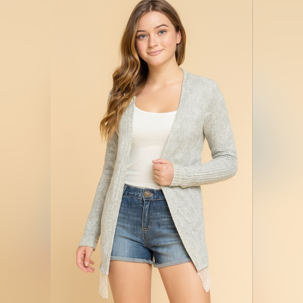 Sugar Rush Girls Heather Gray Floral Lace Trim Open Front Knit Cardigan Size XL